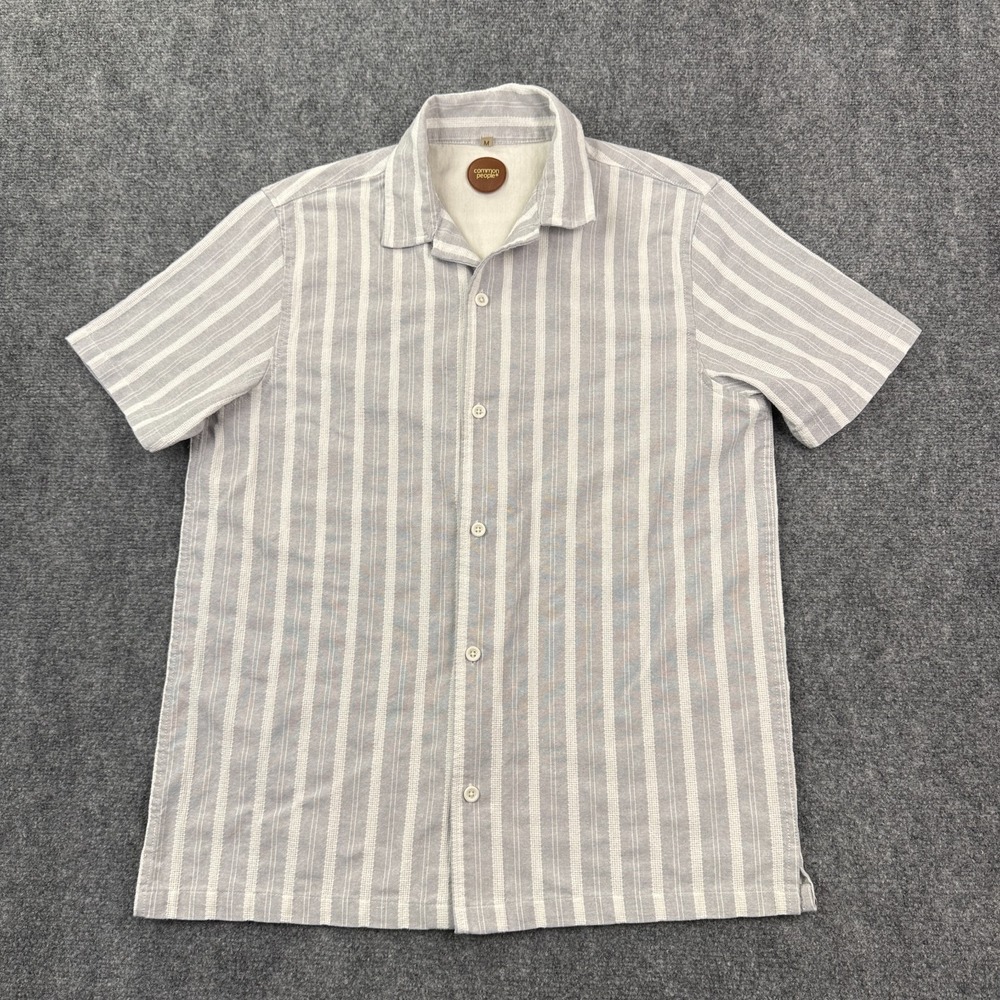 Common People Mens Shirt Medium Gray Textured Stiped Button Front Camp Collar